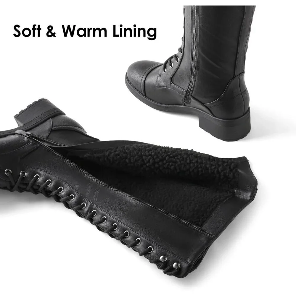 Women's Black DREAM PAIRS PU Knee-High Riding Combat Boots for Fall and Winter